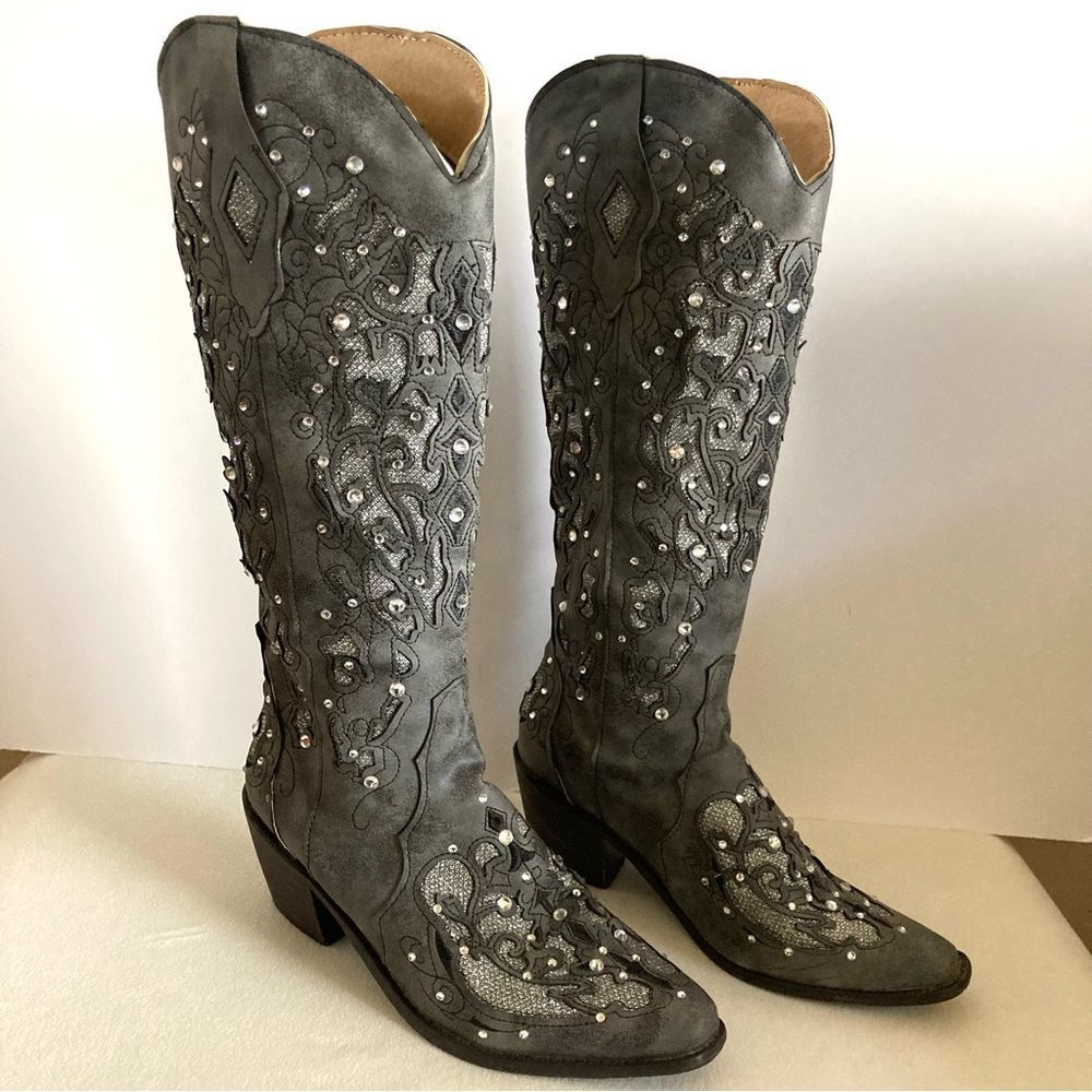 Embellished Gray Women's Knee-High Western Boots